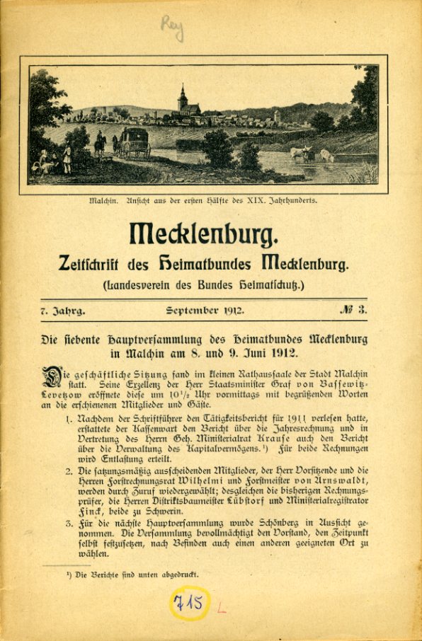   Mecklenburg. Zeitschrift des Heimatbundes Mecklenburg. 7. Jg. (nur) Heft 3. 