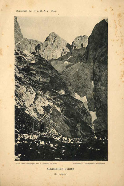   Grasleiten Hütte. Lichtdruck nach einer Photographie von B. Johannes - Bildbeilage aus der Zeitschrift des Deutschen und Österreichischen Alpenvereins. 