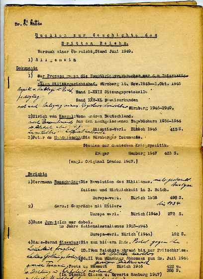 Rhode, Gotthold:  Quellen zur Geschichte des Dritten Reiches. Versuch einer Übersicht, Stand Juni 1949 (Bibliographie). 