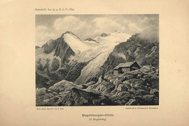   Magdeburger Hütte. Lichtdruck nach einem Aquarell von F. Gatt - Bildbeilage aus der Zeitschrift des Deutschen und Österreichischen Alpenvereins. 