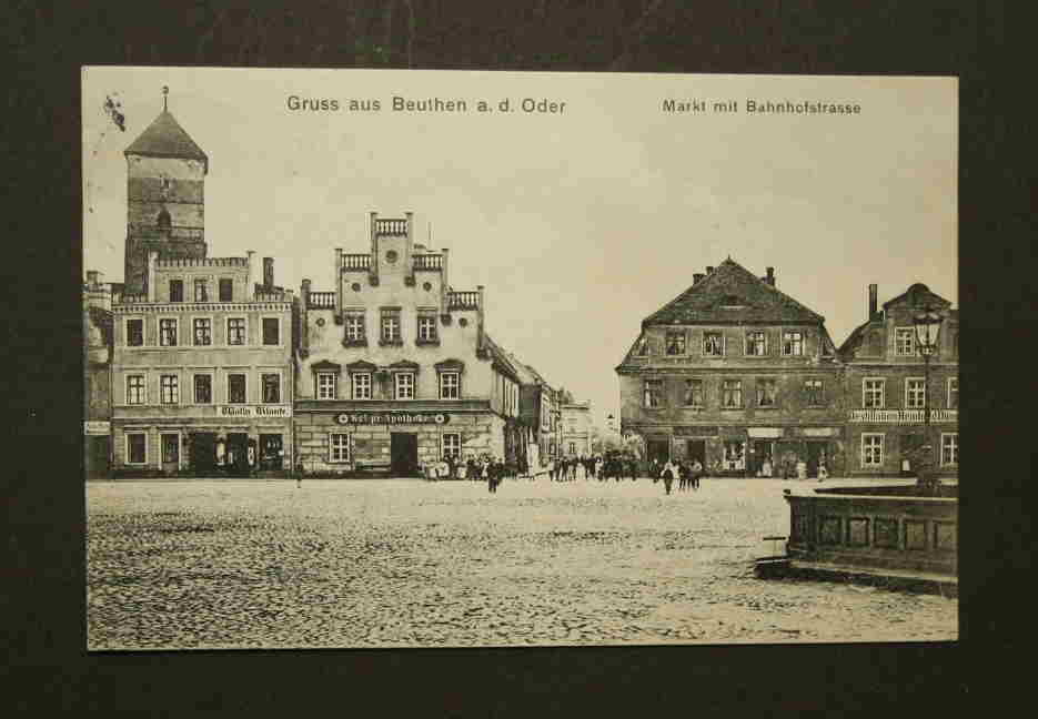   Gruss aus Beuthen a.d. Oder: Markt mit Bahnhofstrasse. 