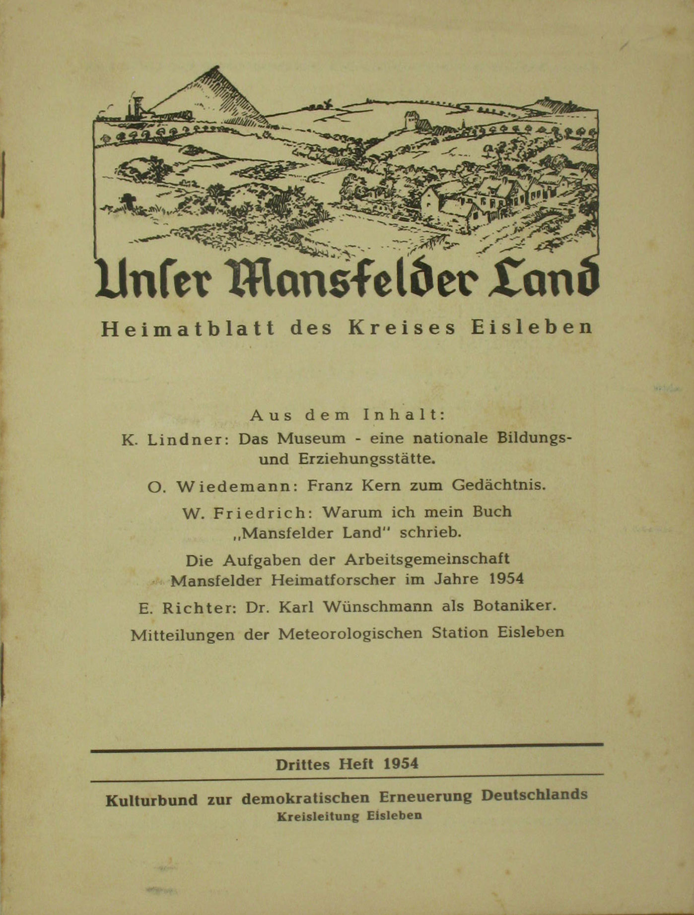 Autorenkollektiv:  Unser Mansfelder Land. Heimatblatt des Kreises Eisleben (Drittes Heft 1954) 