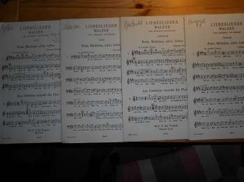 Johannes Brahms (Op. 52. Nr. 1):  Liebeslieder, Walzer. "Rede, Mädchen, allzu liebes". (Aus "Polydora" von Daumer) 4 Hefte für jeweils Singstimme: Alt, Bass, Sopran, Tenor. (= Edition Peters) 