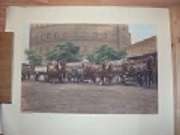   Berlin Foto, ca. 1920, in s/w coloriert. - 3 Pferdefuhrwerke mit Kutschern, beladen mit Milchkannen und Fässern vor einem Gasometer in Berlin -. Größe: 79,5 x 60.5 cm (Bildausschnitt: 63,5 x 42 cm) 