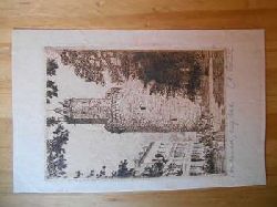   Andernach, Runder Turm. Einfarbige original Radierung mit Motiv um 1850. signiertes Exemplar im Postkarten-Format (keine Postkarte). (auf Wunsch im Rahmen rotbraun-Glas) Graphik, Bilddruck (kein Kunstdruck, kein Leinwanddruck) 