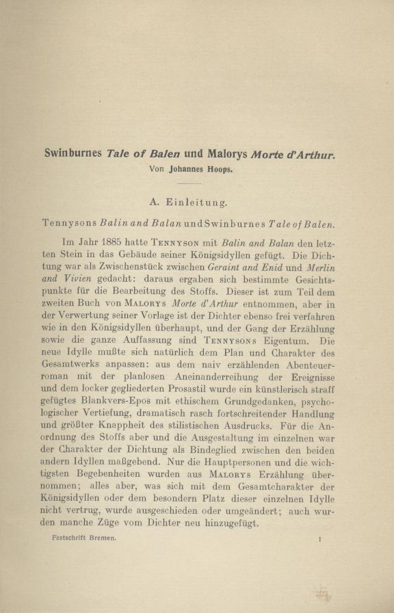 Hoops, Johannes  Swinburnes Tale of Balen und Malorys Morte d'Arthur. 