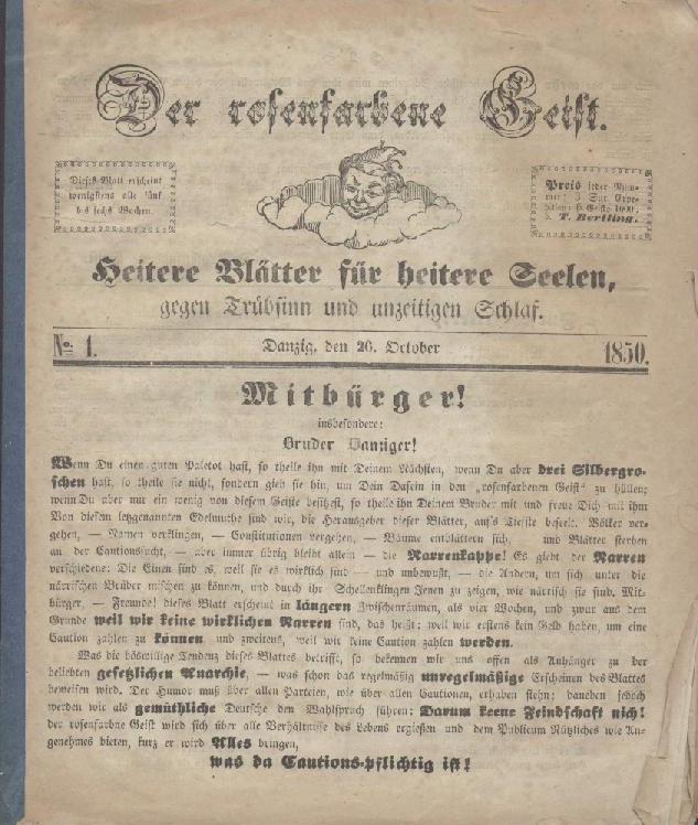 Bertling, Theodor (Redaction)  Der rosenfarbene Geist. Heitere Blätter für heitere Seelen, gegen Trübsinn und unzeitigen Schlaf. No. 1. vom 26. October 1850. 