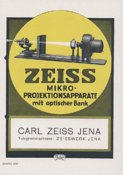 Zeiss, Carl  Zeiss Mikro-Projektionsapparate mit optischer Bank. Zeiss-Druckschrift Mikro 439. Prospekt. 