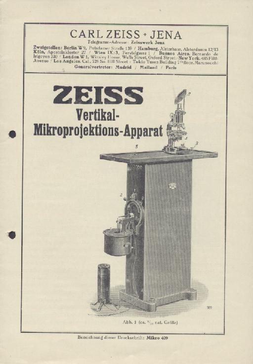 Zeiss, Carl  Zeiss Vertikal-Mikroprojektions-Apparat. Zeiss-Druckschrift Mikro 409 mit Beilage 1. 