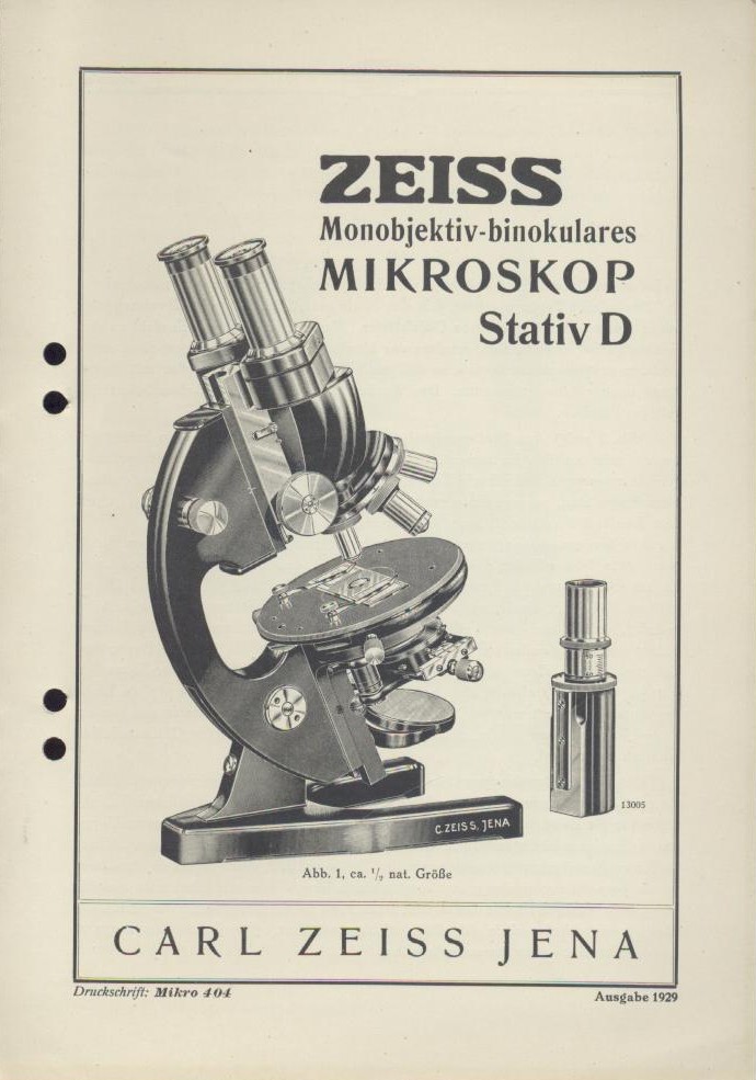 Zeiss, Carl  Zeiss Monobjektiv-binokulares Mikroskop Stativ D. Zeiss-Druckschrift Mikro 404. 