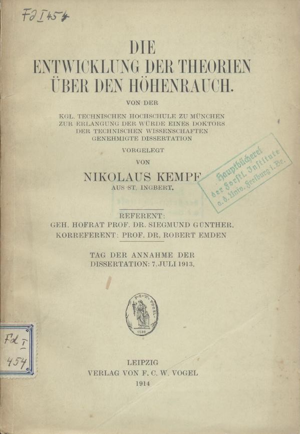 Kempf, Nikolaus  Die Entwicklung der Theorien über den Höhenrauch. Dissertation. 