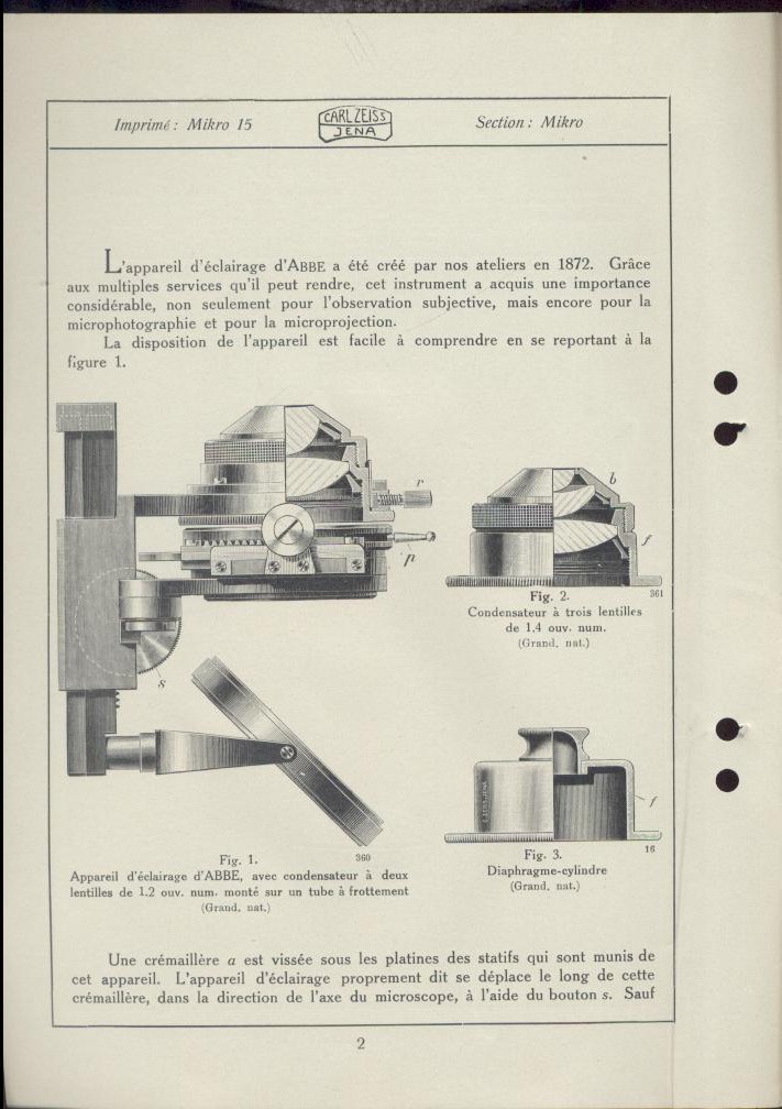 Zeiss, Carl  Notice sur l'emploi de l'Appareil d'Eclairage d'Abbe. Mikro 15. Edition de 1923. 