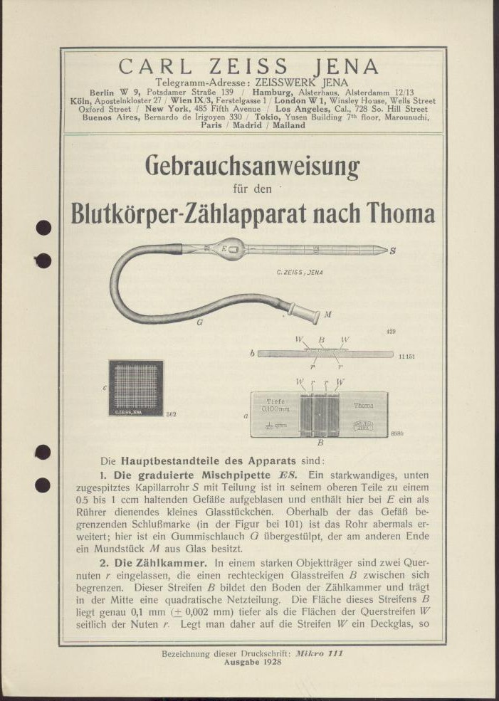 Zeiss, Carl  Gebrauchsanweisung für den Blutkörper-Zählapparat nach Thoma. Ausgabe 1928. Zeiss-Druckschrift Mikro 111. 