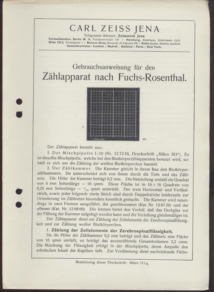 Zeiss, Carl  Gebrauchsanweisung für den Zählapparat nach Fuchs-Rosenthal. Zeiss-Druckschrift Mikro 111/5. 