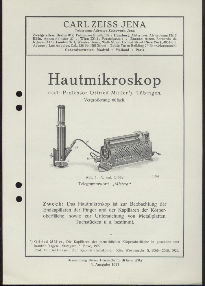 Zeiss, Carl  Hautmikroskop nach Professor Otfried Müller, Tübingen. 4. Ausgabe 1927. Zeiss-Druckschrift Mikro 363. 