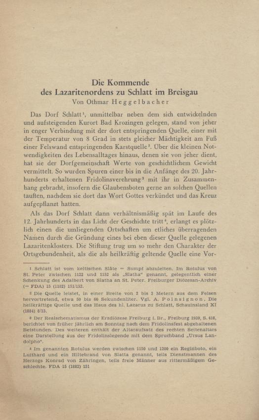 Heggelbacher, Othmar  Die Kommende des Lazaritenordens zu Schlatt im Breisgau. 
