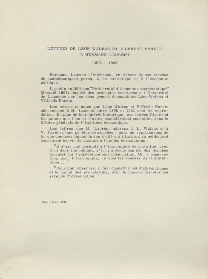 Walras, Leon u. Vilfredo Pareto  Lettres de Leon Walras et Vilfredo Pareto à Hermann Laurent 1898 - 1902. 