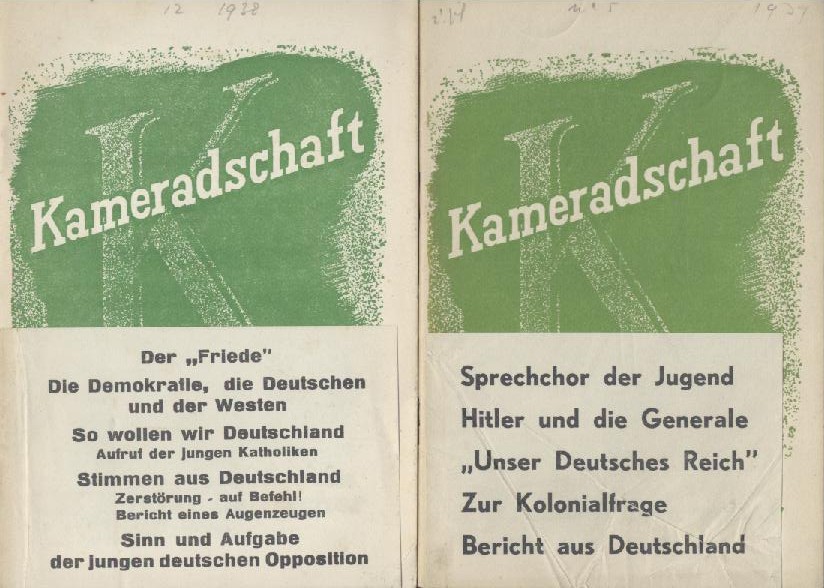Hespers, Theo und Hans Ebeling (Hrsg.) (anonym)  Kameradschaft. Schriften junger Deutscher. (Hrsg. von Theo Hespers und Hans Ebeling). Jahrgang 1: Heft 3 und 12, Jahrgang 2: Heft 1, 2, 3 und 5 (zusammen 6 Hefte). 