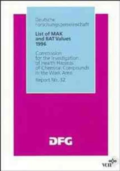   List of MAK and BAT values 1996. Commission for the Investigation of Health Hazards of Chemical Compounds in the Work Area. Report No. 32. Deutsche Forschungsgemeinschaft. Senatskommission zur Prüfung Gesundheitsschädlicher Arbeitsstoffe: Report ; No. 32 