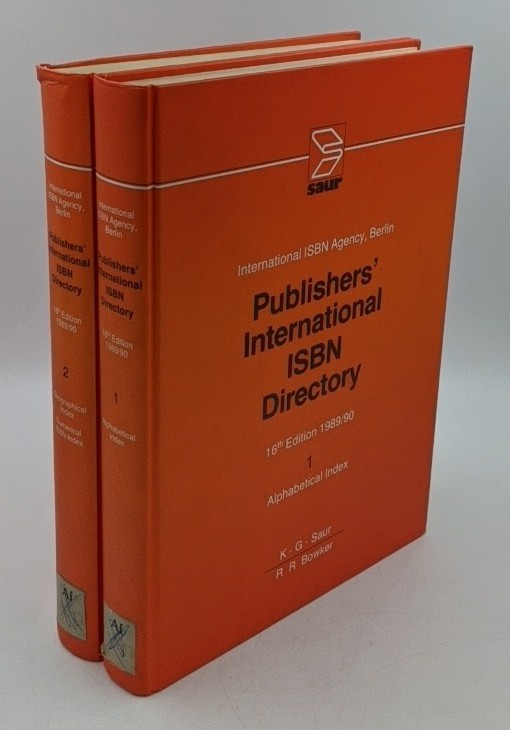 International ISBN Agency:  Publishers` international ISBN directory - 2 volumes : 1. Alphabetical index / 2. Geographical index (=Handbook of international documentation and information ; vol. 7, 1+2). 