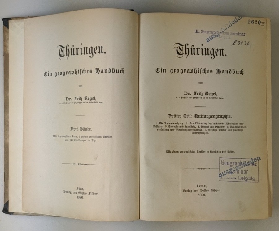 Regel, Fritz:  Thüringen. Ein geographisches Handbuch. 3 Bände. Bd. 3: Kulturgeographie. 