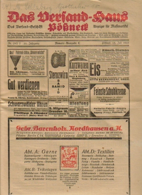 o. Autor  Das Versand-Haus Pößneck Nr. (56) 7, 16. Jg. Monats-Ausgabe C 15. Juli 1923 (Anzeiger für Massenartikel) 