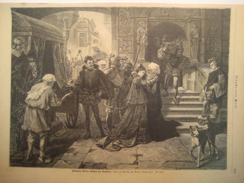 Krell X.U., E.  Philippine Welsers Abschied von Augsburg (Holzstich nach einem Gemälde von Albert Schroeder) 