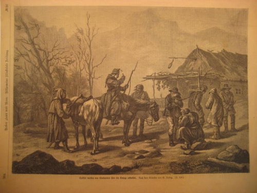Vastag, G.  Szekler weren von Gendarmen über die Grenze eskortirt (Holzstich nach einem Gemälde v. G. Vastag) 