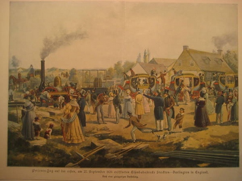 Angerer, C. (Göschl)  Personen-Zug auf der ersten, am 27. September 1823 eröffneten Eisenbahnstrecke Stockton-Darlington in England (Farbiges Blatt nach einer gleichzeitigen Darstellung) 