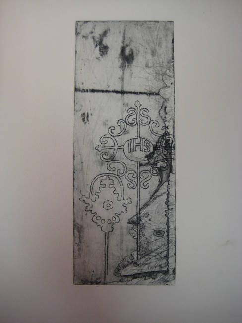 Rothweiler, Richard  ohne Titel (Radierung, abstraktes Motiv mit stilisiertem Kreuz und den Buchstaben IHS) 