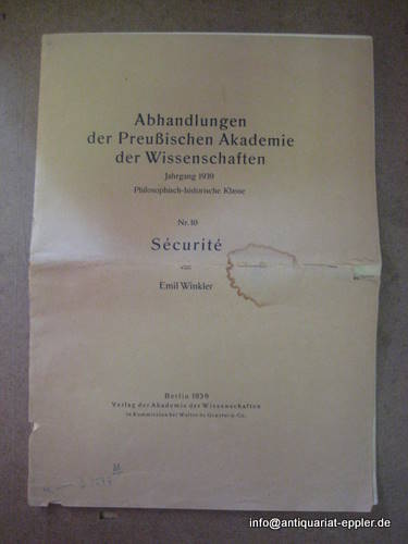 Winkler, Emil  Abhandlungen der Preußischen Akademie der Wissenschaften Nr. 10 (Jahrgang 1939 Philosophisch-historische Klasse - Securite) 