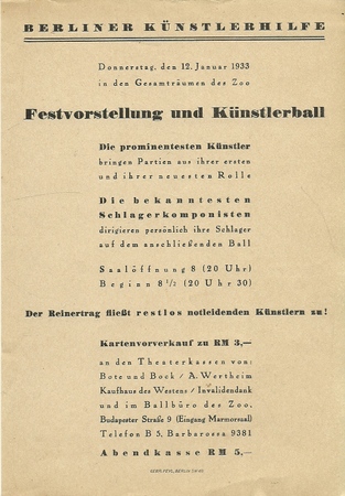 Berliner Künstlerhilfe  Festvorstellung und Künstlerball Donnerstag den 12. Januar 1933 in den Gasträumen des Zoo (1 Blatt Ankündigung der Veranstaltung) 