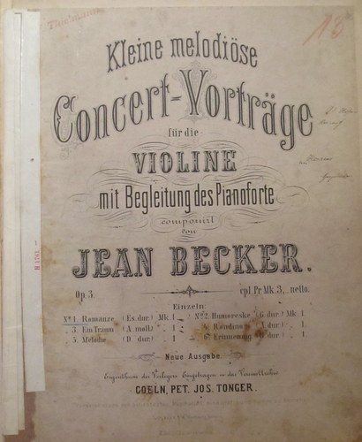 Becker, Jean (1833-1884)  Kleine melodiöse Concert-Vorträge für die Violine mit Begleitung des Pianoforte componirt v. Jean Becker) (hier: No. 1 Romanze (Es dur) 