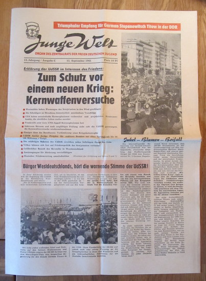 FDJ (Hg.)  Junge Welt 15. Jahrgang Ausgabe C v. 15. September 1961 (Organ des Zentralrats der Freien Deutschen Jugend) 