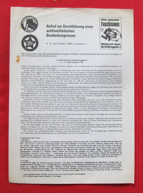 Flugblatt  Aufruf zur Durchführung eines antifaschistischen Bundeskongresses 4.-6. April (Ostern) 1980 in Frankfurt 