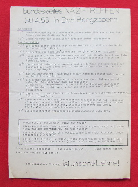 Flugblatt  Flugblatt "bundesweites NAZI-Treffen 30.4.83 in Bad Bergzabern" 