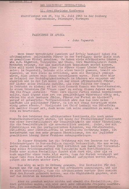 WAR RESISTERS INTERNATIONAL, (WRI)  11. dreijährliche Konferenz statfindend vom 26.-31. Juli 1963 in der Solberg Ungdomsskole, Stavanger Norwegen (Dokument Nr. 3 "Pazifismus in Africa (John Papworth) 