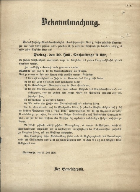 .  Bekanntmachung Anschlagzettel für die Neuwahl eines Gemeinderatsmitgliedes ins Karlsruher Rathaus 10. Juli 1850 