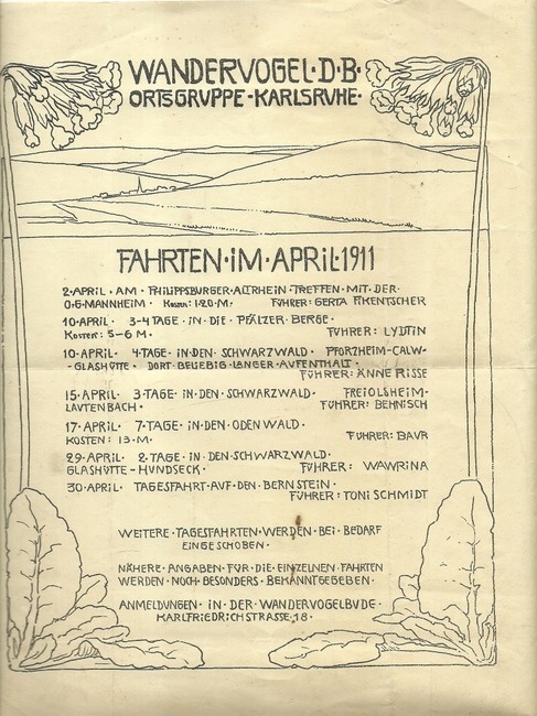 Wandervogel Ortsgruppe Karlsruhe  Programm für Fahrten im April 1911 