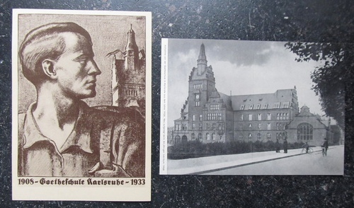   2 Ansichtskarten "Goetheschule Karlsruhe 1908-1933" + Aufnahme der Goetheschule in Karlsruhe v. 1925 (zum 50jähr. Jub. 1958) 