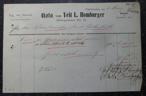 Homburger, Veit L.  Obligation / Schuldverschreibung "Nota von Veit L. Homburger, Zähringerstrasse Nro. 79 für den Pfarrhausfond Palmbach" 