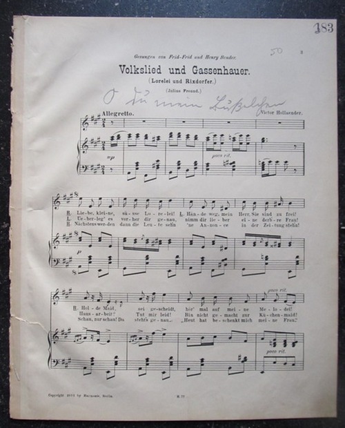 Hollaender, Victor und Julius (Text) Freund  Volkslied und Gassenhauer (Lorelei und Rixdorfer) (gesungen von Frid-Frid und Henry Bender) 