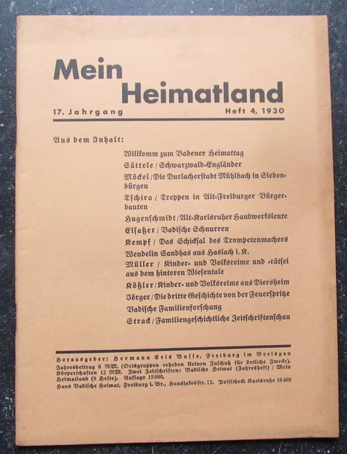 Busse (Hg.), H.E.  Mein Heimatland, Heft 4 - 1930 (Badische Blätter für Volkskunde, ländliche Wohlfahrtspflege, Familienforschung, Heimatschutz und Denkmalpflege) 