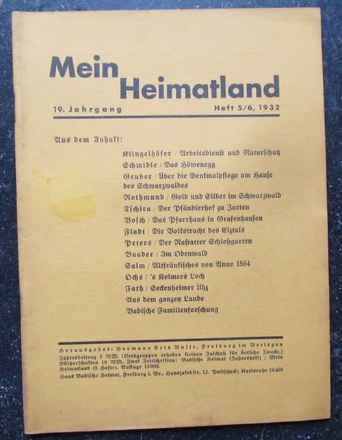 Busse (Hg.), H.E.  Mein Heimatland, Heft 5/6 - 1932 (Badische Blätter für Volkskunde, ländliche Wohlfahrtspflege, Familienforschung, Heimatschutz und Denkmalpflege) 