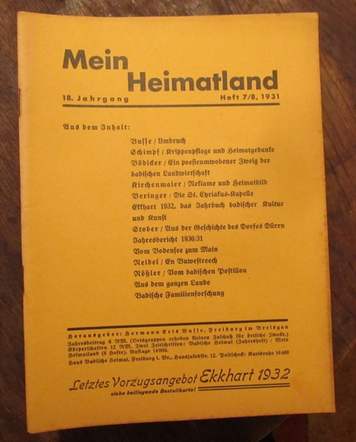 Wingenroth, Max (Hg.)  Mein Heimatland, Heft 7/8, 1931 (Badische Blätter für Volkskunde, ländliche Wohlfahrtspflege, Familienforschung, Heimatschutz und Denkmalpflege) 