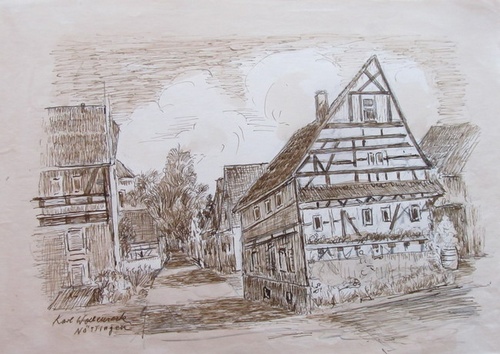 Wollensack, Karl  Original-Zeichnung "Alte Fachwerkhäuser in Nöttingen" 
