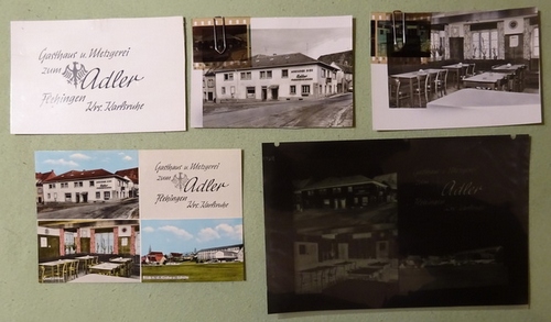 Meyer, Walter (Karlsruhe)  2 s/w Fotografien, 1 Farb-Ansichtskarte, 2 kl. und 1 sehr großes Negativ (zeigt die fertige AK) v. Flehingen v. 22.6.1965 (Gasthaus und Metzgerei "zum Adler") 