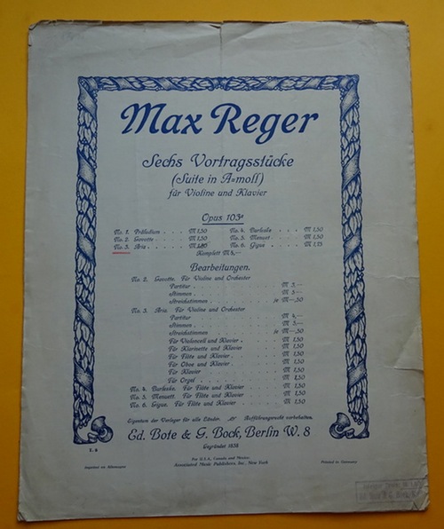 Reger, Max  Sechs Vortragsstücke für Violine und Klavier (Suite in A-Moll) Opus 103a, No. 3: Aria (1. Heft: Wiegenlied, Capriccio / 2. Heft: Burla) 