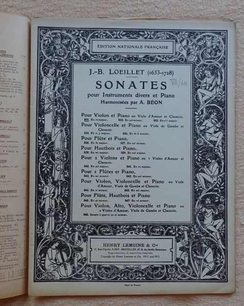 Loeillet, J.-B.  Sonates pour Instruments divers et Piano, Harmonisees par A. Beon (Pour Violon et Piano ou Viole d`Amour et Clavecin) 