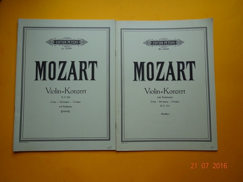 Mozart, Wolfgang Amadeus  Zweites + Drittes Konzert / Violin-Konzert (mit Kadenzen) D Dur, KV 211 + 216 (Hg. Ferdinand Küchler, Klavierauszug Paul Klengel, bzw. Carl Flesch) 